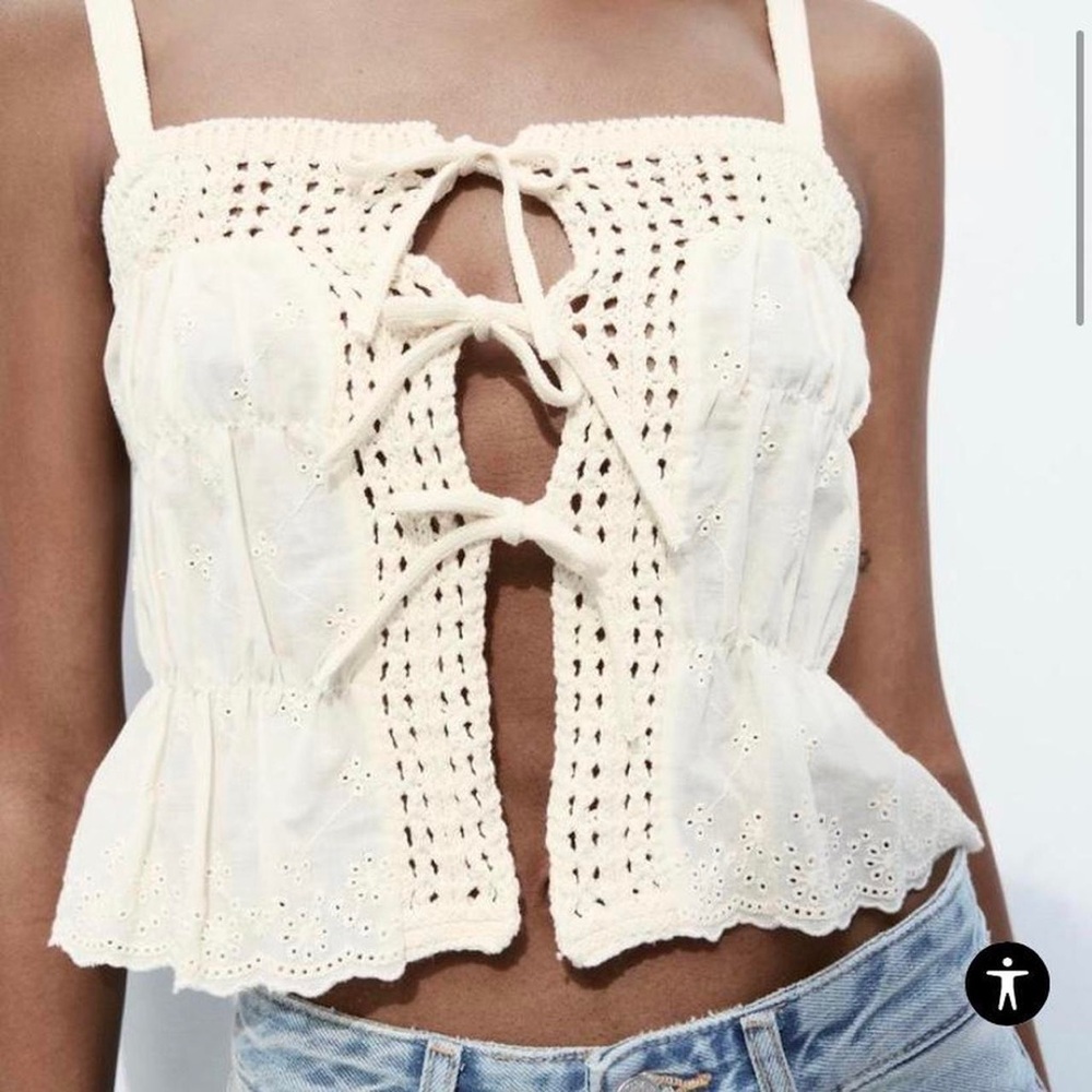 Zara Ivory Crochet Tie-Front Tank Top
